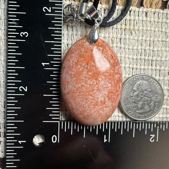 Orange and Pink/Lavender Coral Fossil Oval Pendant on Black Satin Rope - Picture 12 of 12